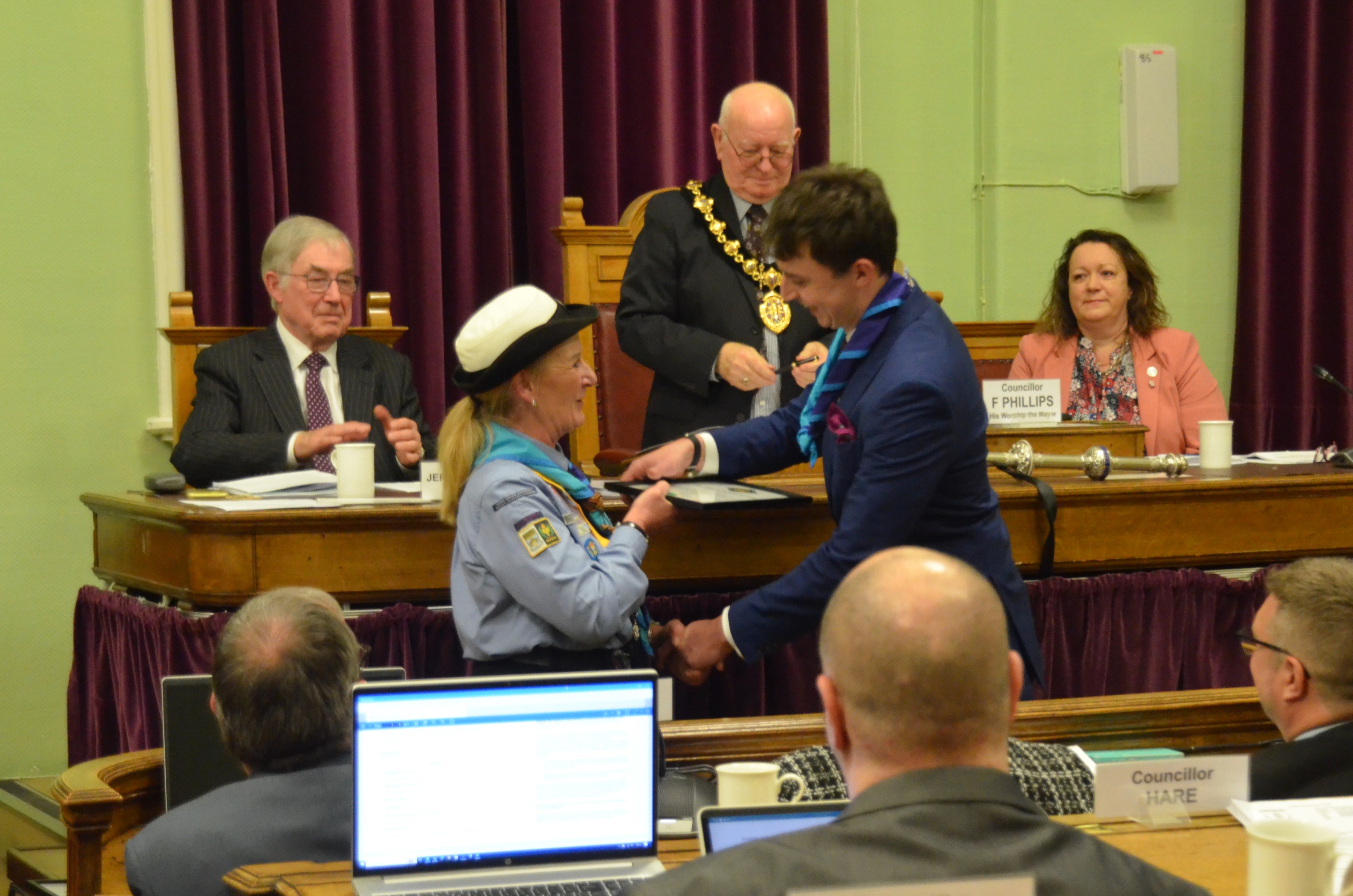 Harry Atkinson – now Erewash’s new Deputy Mayor – is presented with top Scout Award in January ‘ambush’ at town hall. 