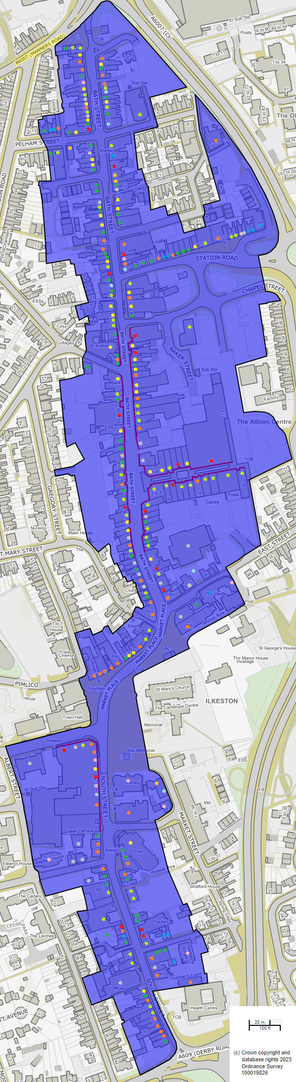 A map showing the boundary of Ilkeston Town Centre with dots showing the use category of each unit.