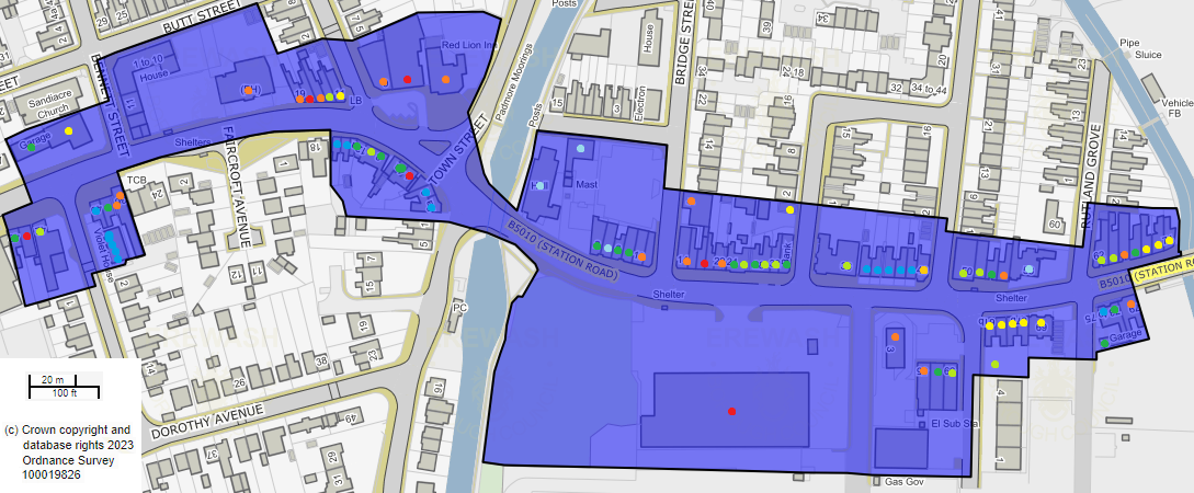 A map showing the boundary of Sandiacre Town Centre with dots showing the use category of each unit.