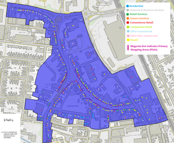 A map showing the boundary of Long Eaton Town Centre with dots showing the use category of each unit.