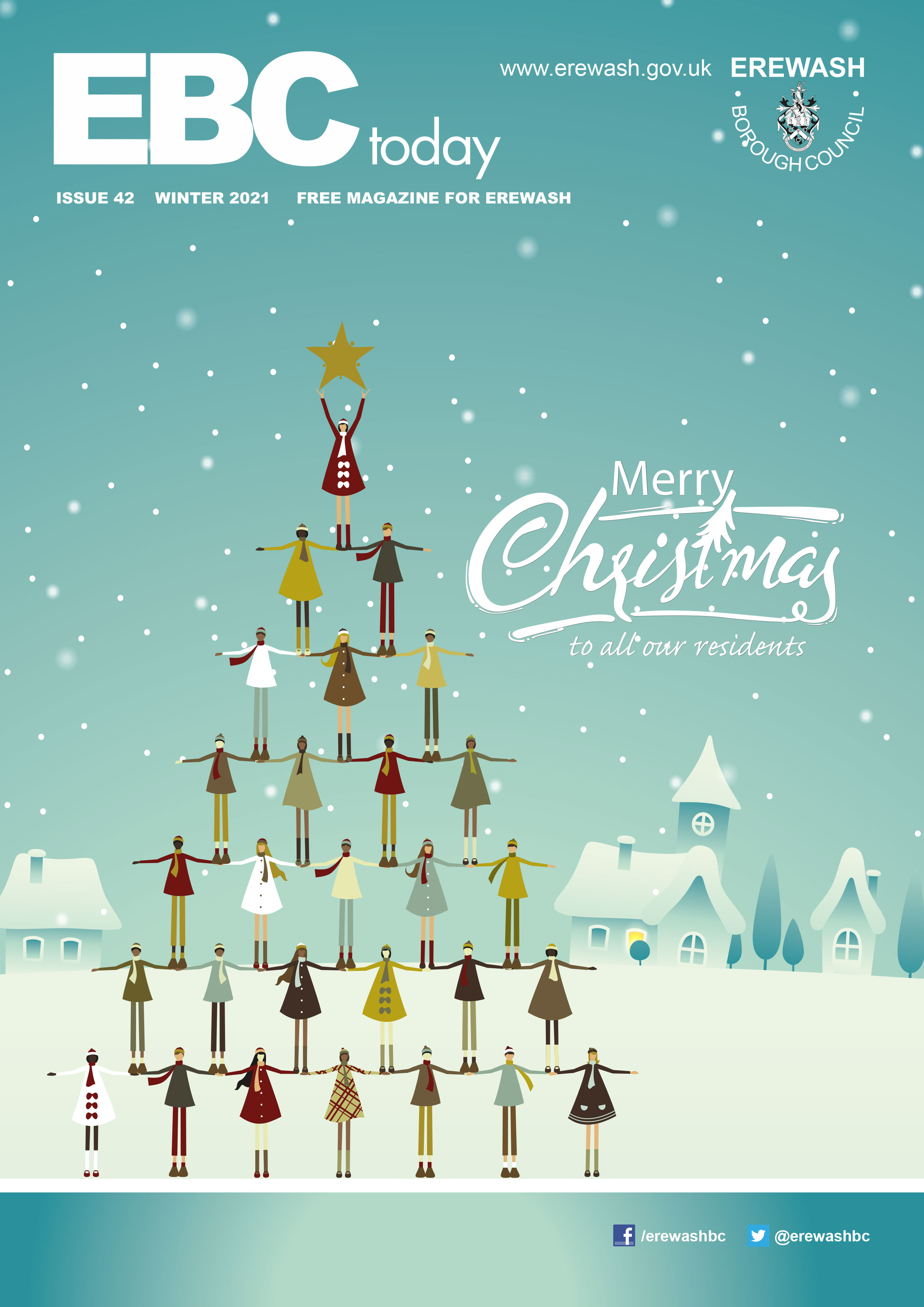 The front cover reads 'Merry Christmas' with a Christmas tree built from cartoon people.