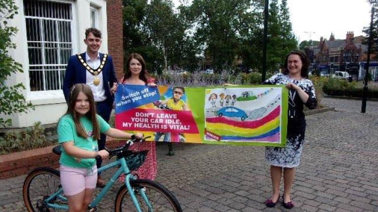 Bike winner Ivy with Mayor Cllr Harry Atkinson, mum Annabel Marriott and Dr Victoria Richards,