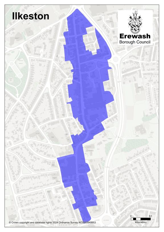 A map outlining Ilkeston Town Centre, including the properties along Bath Street, South Street, and the Market Place