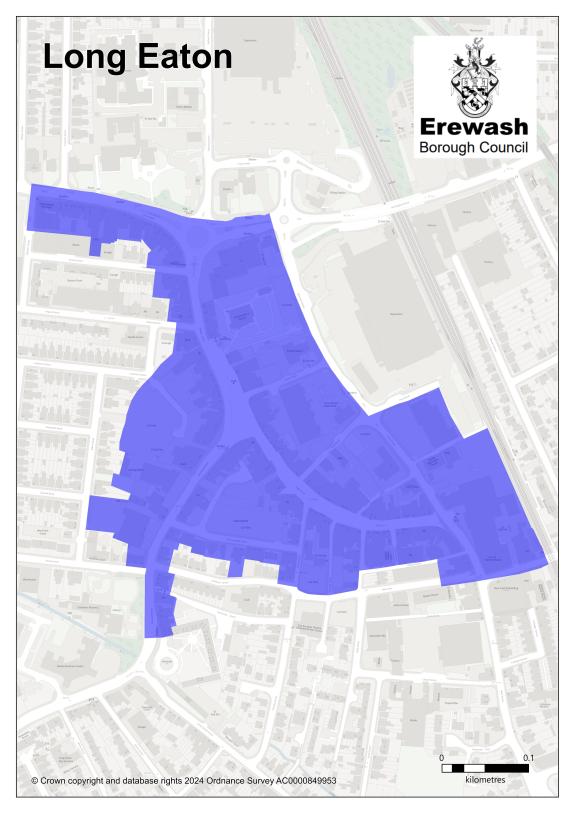 A map outlining Long Eaton Town Centre including the properties along the High Street, Market Place, Tamworth Road (no further south than 49 Tamworth Road), and Derby Road (between Fletcher Street and Waverley Street only)