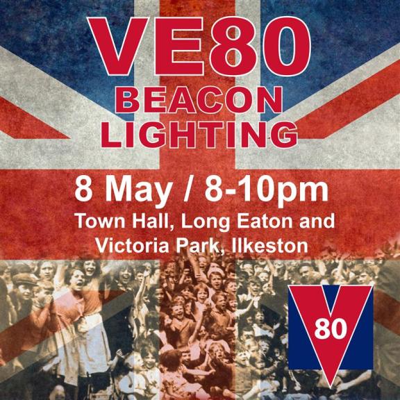 VE Day beacon lighting with people celebrating in wartime