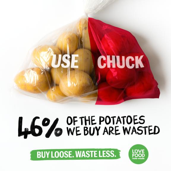 Image of a bag of potatoes showing percentage of bag which would be wasted.