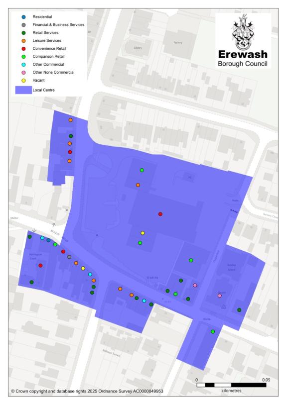 A map showing the boundary of Borrowash Local Centre with coloured dots representing the type of business that occupies each unit.