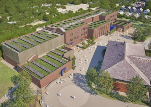 New school’s rooftop grass and solar panels