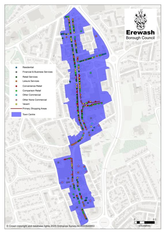 A map showing the boundary of Ilkeston Town Centre with coloured dots representing the type of business that occupies each unit.