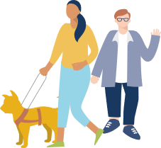 Two women walking, one with a dog
