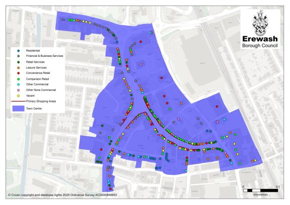 A map showing the boundary of Long Eaton Town Centre with coloured dots representing the type of business that occupies each unit.