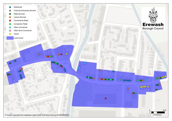 A map showing the boundary of Sandiacre Local Centre with coloured dots representing the type of business that occupies each unit.